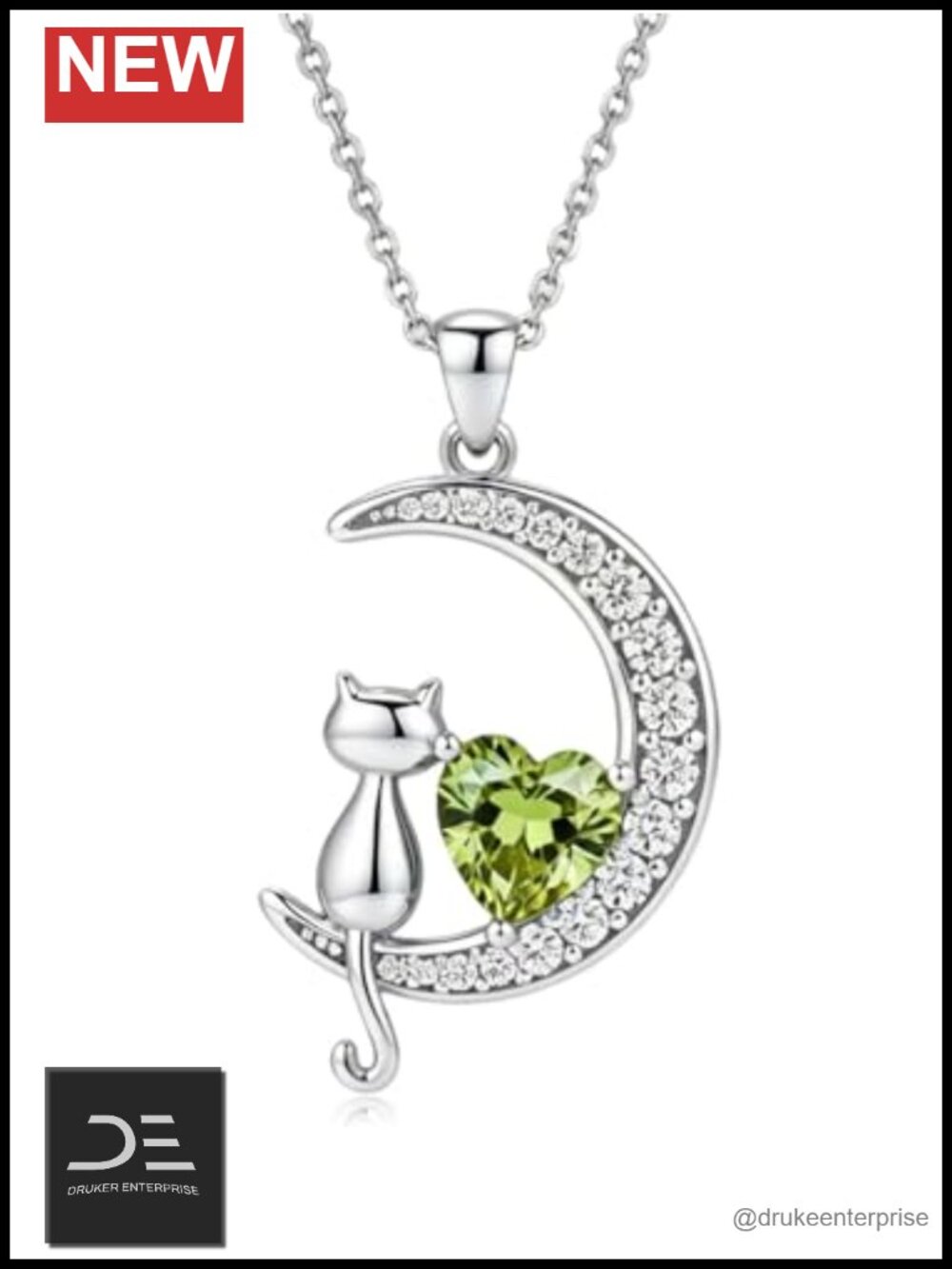 White Gold Plated Crescent Moon Cat Pendant Necklace with Peridot Birthstone